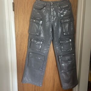 Fashion Nova Shiny Gray Cargo Jeans